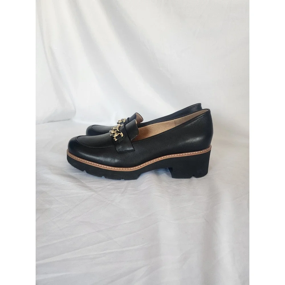 Naturalizer Darry Black Leather Chunky Lug Sole Chain Loafers Womens 12W Wide